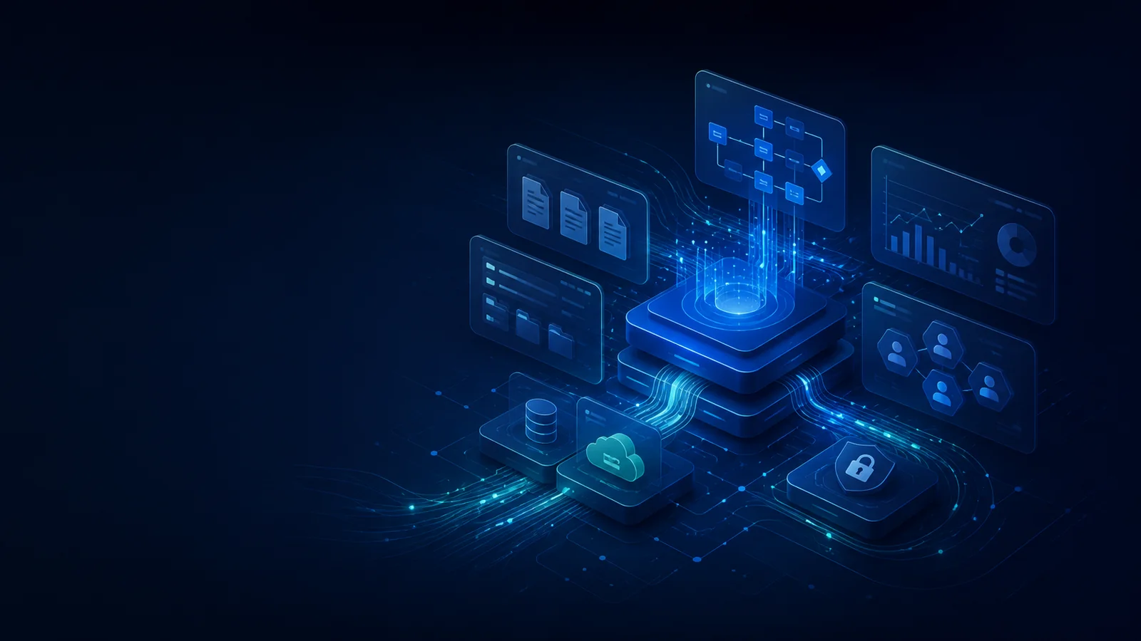 Illustrative enterprise AI platform connecting knowledge, workflows, applications, and controlled model services